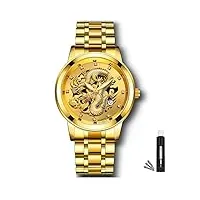 fowawu montres à quartz pour homme, montres 3d dragon diamond, date automatique en acier inoxydable argent montres, lumineux 30m Étanche business montres